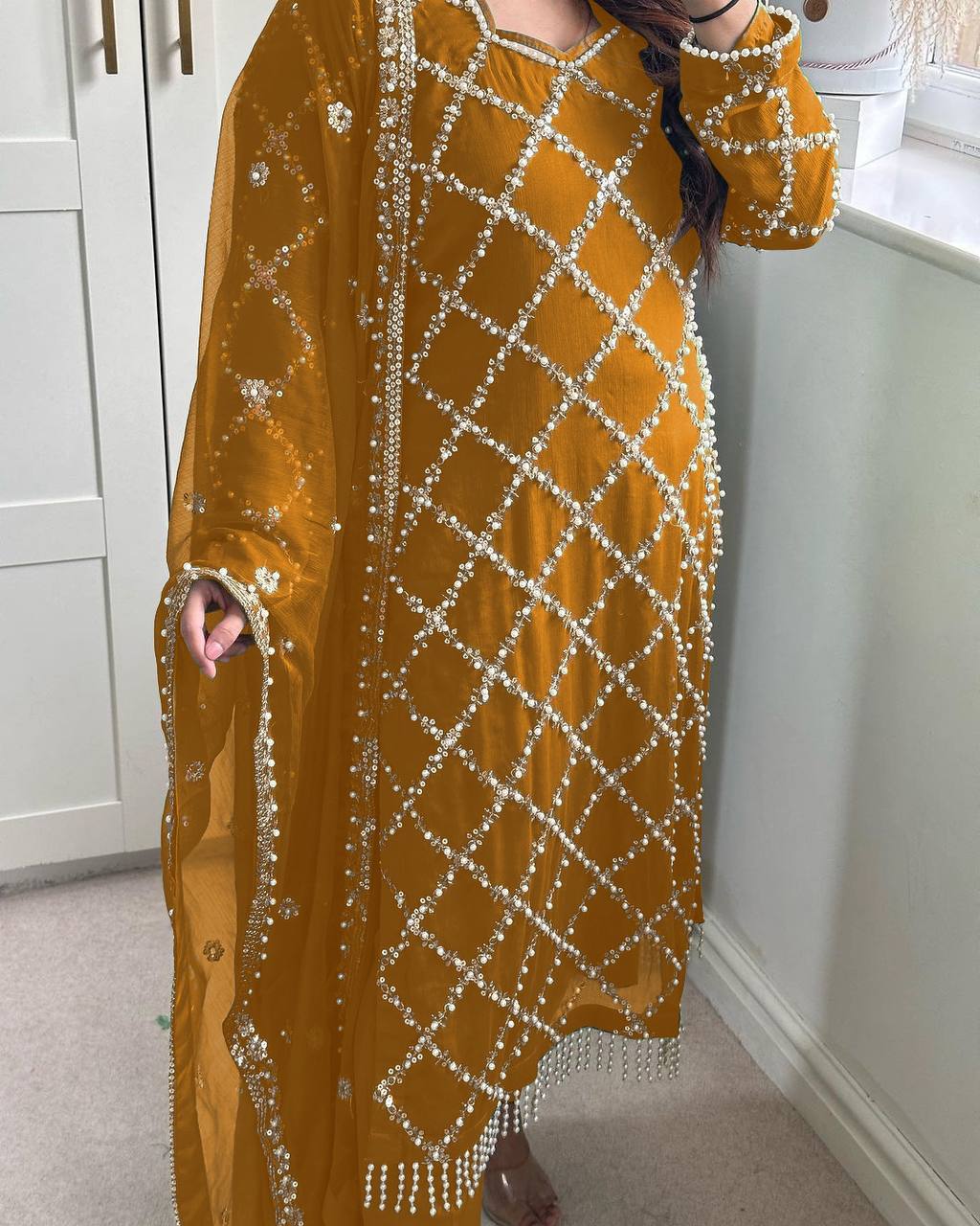 *DESIRABLE FANCY FAUX GEORGETTE SEQUENCE EMBROIDERED WORK TOP AND PENT WITH DUPATTA*