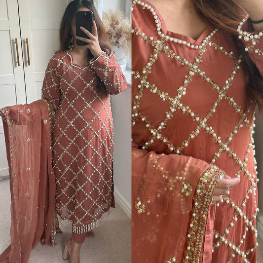 *DESIRABLE FANCY FAUX GEORGETTE SEQUENCE EMBROIDERED WORK TOP AND PENT WITH DUPATTA*
