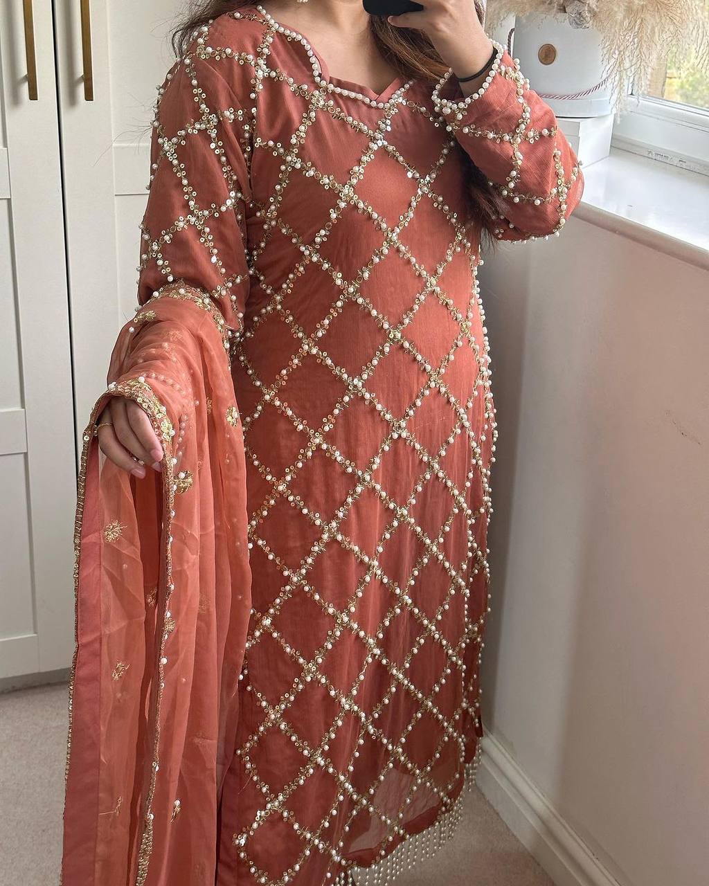 *DESIRABLE FANCY FAUX GEORGETTE SEQUENCE EMBROIDERED WORK TOP AND PENT WITH DUPATTA*